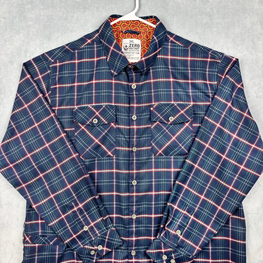 Zero Foxtrot Mens 3XL Plaid Button Down Shirt Navy Blue Overlook Long Sleeve